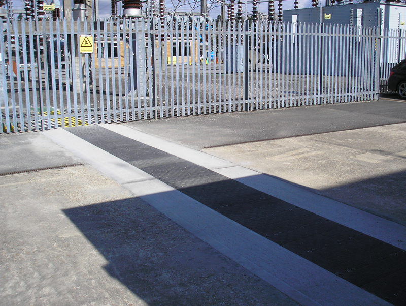 Fibrelite conductive D400 load rated trench covers installed on this high voltage electrical sub-station.